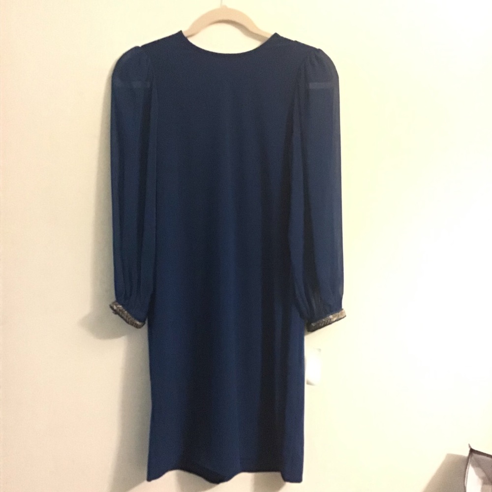 Simply styled sheer sleeve dress peacock blue. SP